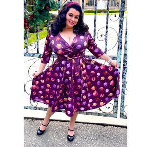 Lady Vintage Lyra Wrap Dress Planets of Food Pinup Girl Galactic Purple 14 BNWT